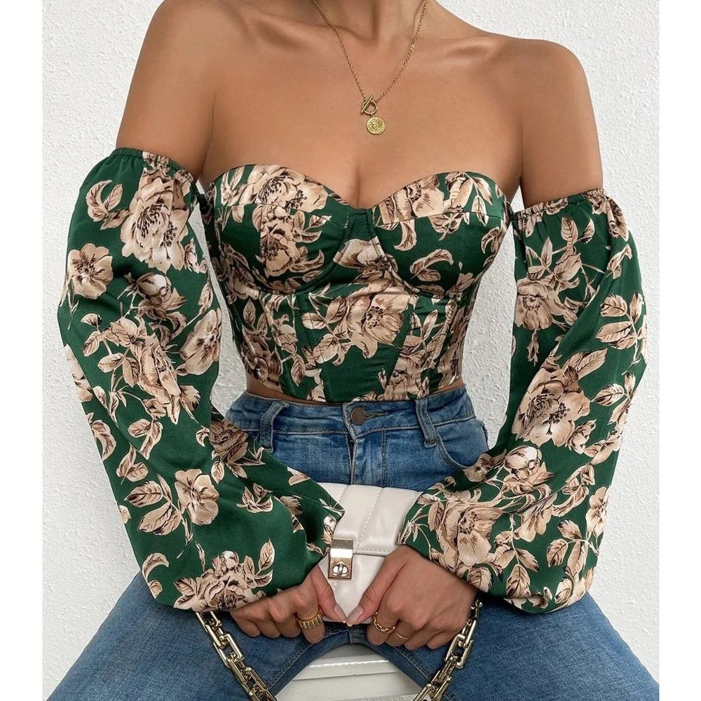 Boho Floral Print Lace up Off Shoulder Corset Top - Picture 2 of 15